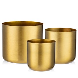Briful Gold Metal Vases 3 Packs Decorative Accent Planter Pots for Herbs Flowers, Modern Contemporary Design Stainless Steel Buckets for Wedding Farmhouse, 3 Sizes
