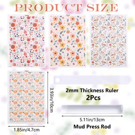 URROMA Clay Transfer Paper, Pack of 4 Flower Small Fresh Theme Polymer Clay Transfer Sheets with Mud Press Rod and 2 mm Thick Ruler for DIY Crafts