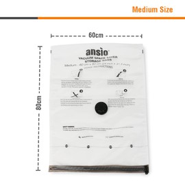 ANSIO® Vacuum Storage Bags for Clothes Medium Pack of 6 Double-Zip Seal & Triple Seal Turbo Valve Vacuum Bags for Pillows, Bedding Sets etc., 80% More Storage Travel Pump Included (Size: 60 x 80cm)