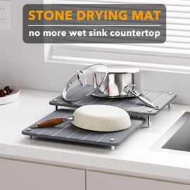 SpaceAid 2 Pack Stone Dish Drying Mats for Kitchen Counter, Expandable Absorbent Rack Dish Pad, Quick Dry Diatomaceous Earth Dishes Mat Tray, Absorbing Sink Stone Mat Board (Gray)