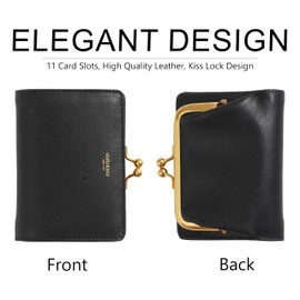Elegant women's wallet crafted from genuine Nappa leather, featuring a bi-fold design, kiss-lock coin pocket, and ID window - ideal for carrying small essentials!（Black）