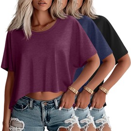 Huukeay 3 Pack Women's Oversized T Shirts Casual Half Short Sleeves Crop Tops Crew Neck Irregular Hem Baggy Cropped Tees(Fuchsia, Navy Blue, Black,M)