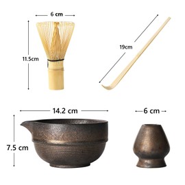 Katakuchi Rice Bowl Set, Dotomae Set, Matcha Utensils, Chawan, Chasen Stand, Chasen (100 Pieces), Chasaku, Bowl Bottom Horizontal Stripes Pattern (Ash Gold)