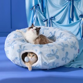 Lesure Cat Tunnel Bed for Indoor Cats - Cute Cat Donut Tunnel Toys with Washable Circle Cushion, Round Pet Peekaboo Cave Toy for Kitten/Puppy/Rabbit, Standard Blue Bow