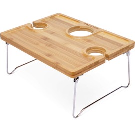 INNO STAGE Picnic Wine Table, Folding Portable Bamboo Glass and Bottle Holder, Snack Tray or Cheese Board for Outdoor Concerts at Park or Beach, Gift for Wine Lover