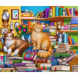 Springbok's Bookshop Cats 1000 Piece Puzzle for Adults Featuring Furry Felines Perched on The Bookshelf. Cat Lovers Will Enjoy This Masterpiece.