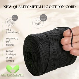MeriWoolArt® Macrame Yarn 2 mm x 250 m Cotton Cord, Recycled Soft Cotton Yarn for Knitting Plant Hangers, Jewellery Making, Crochet Bags (Black, 2 mm)
