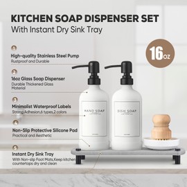 NEECZS Kitchen Soap Dispenser Set with Instant Dry Tray,16 Oz Hand and Dish Soap White Glass Dispenser Set,Stainless Steel Pump,Waterproof Labels,Dish Brush,Luxury Soap Bottle for Kitchen,Bathroom