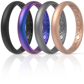 ThunderFit Alianzas de boda de silicona para mujer, ranuras de aire transpirables de 3 mm de ancho – 1,5 mm de grosor (galaxia, negro, oro rosa, plata oscura, tamaño 5,5 – 6 (16,5 mm)