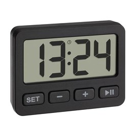 TFA Dostmann 60.2036.01 Digital Mini Clock with Alarm Function, Stopwatch, Timer, Ideal for Travelling Thanks to Key Lock, Table Clock, Car Clock, Suitable for Exams, Quartz, Small and Compact, Black