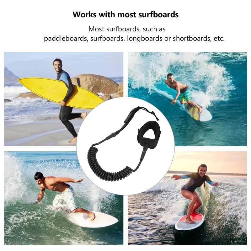 Surfboard Leash High Elasticity TPU Black Adjustable Coiled Surfing Leg