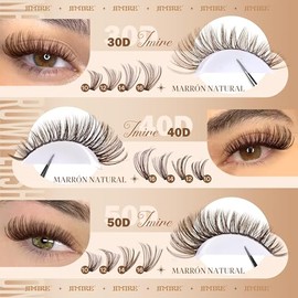 JIMIRE - Racimos de pestañas marrones, 6 estilos mixtos, rizado D, extensiones de pestañas naturales, 476 piezas, racimos de pestañas esponjosas, exte