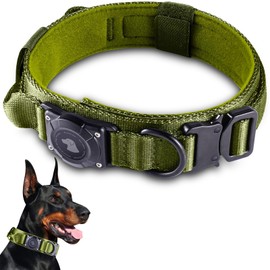DE JIARUI Tactical Dog Collar with Handle, Waterproof Airtag Dog Collar, Thick Adjustable Dog Collar with Padded, Metal Buckle for Medium Large Dogs (Green, M (15 - 19 inches))