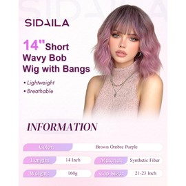 Purple Ombre Short Wavy Bob Wig with Bangs, 14 Inch Wigs