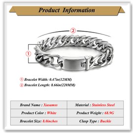 Xusamss Mens Cuban Link Chain Bracelet Thick Link Design Stainless Steel Wrist Bracelet Mens Curb Chain Link Bracelet(White)