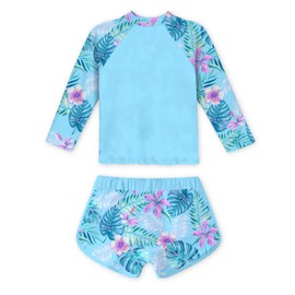 Swimsuit for Girl Size 9-10 Long Sleeve Blue Rashguard with Shorts 2 Pieces Hawaiian Leaves Swimwear 9 10 Years Girl's Bathing Suits Big Girl Beach Suit Stretch Rash Guard for Kids Soft Tankini