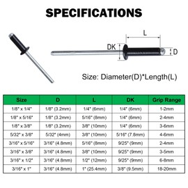 Maozaa 100 PCS 1/8" x 3/8" Aluminum Blind Rivets, 3.2 x 10mm Pop Rivets, Black
