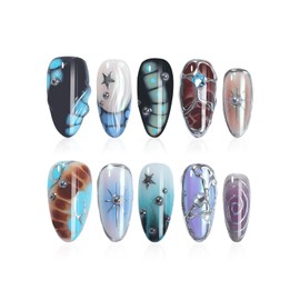 Gradient Press on Nails Handmade Press on Nails Punk Rock Gothic Cool Designs Stars Fake Nails Full Cover French False Nails Medium Almond 3D Silver Steel Ball False Nails for Women (Size S)