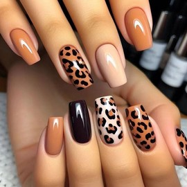 24 Pcs Leopard Print Press on Nails Medium Square Fake Nails Brown Black Acrylic Nail Kit with Solid Color Design Full Cover False Nails Glossy Glue on Nails Stick on Nail for Women Manicure
