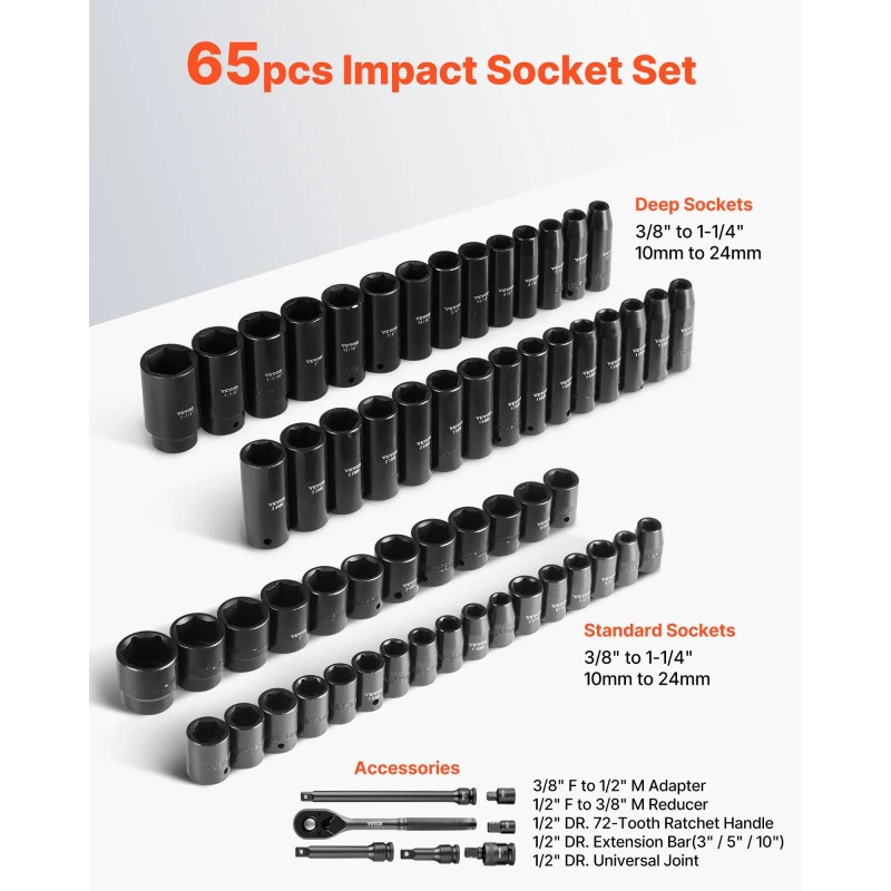 VEVOR Drive Impact Socket Set 1/2" 65PCS SAE 3/8" to