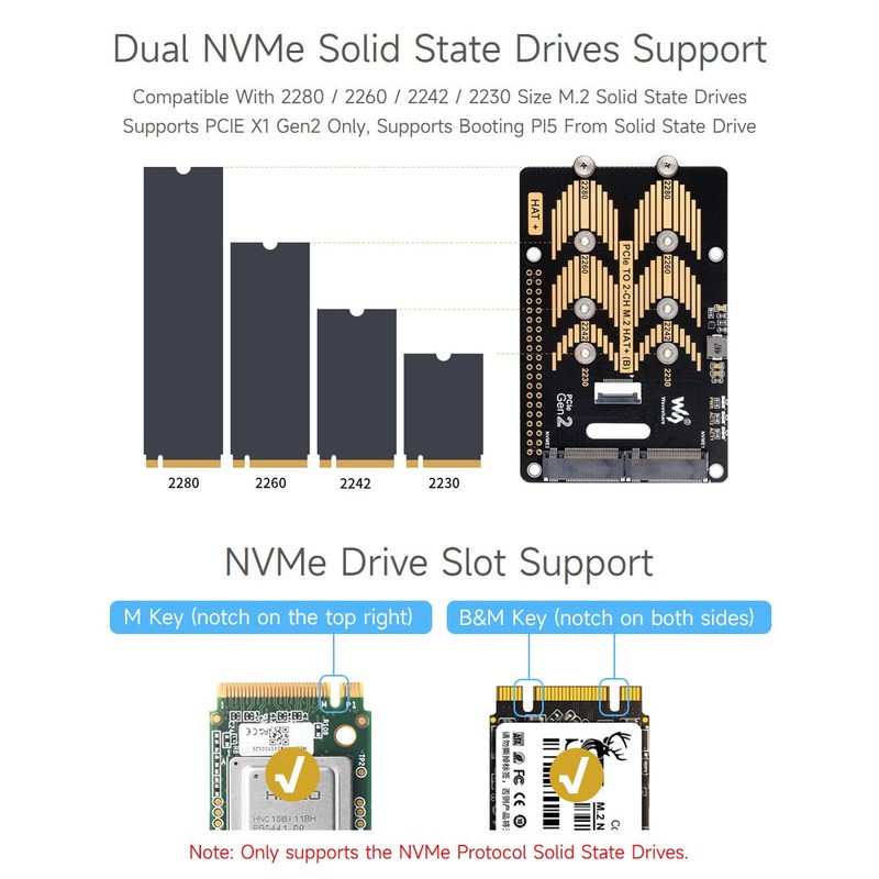 Waveshare PCIe to 2-CH M.2 HAT, Compatible with Raspberry Pi