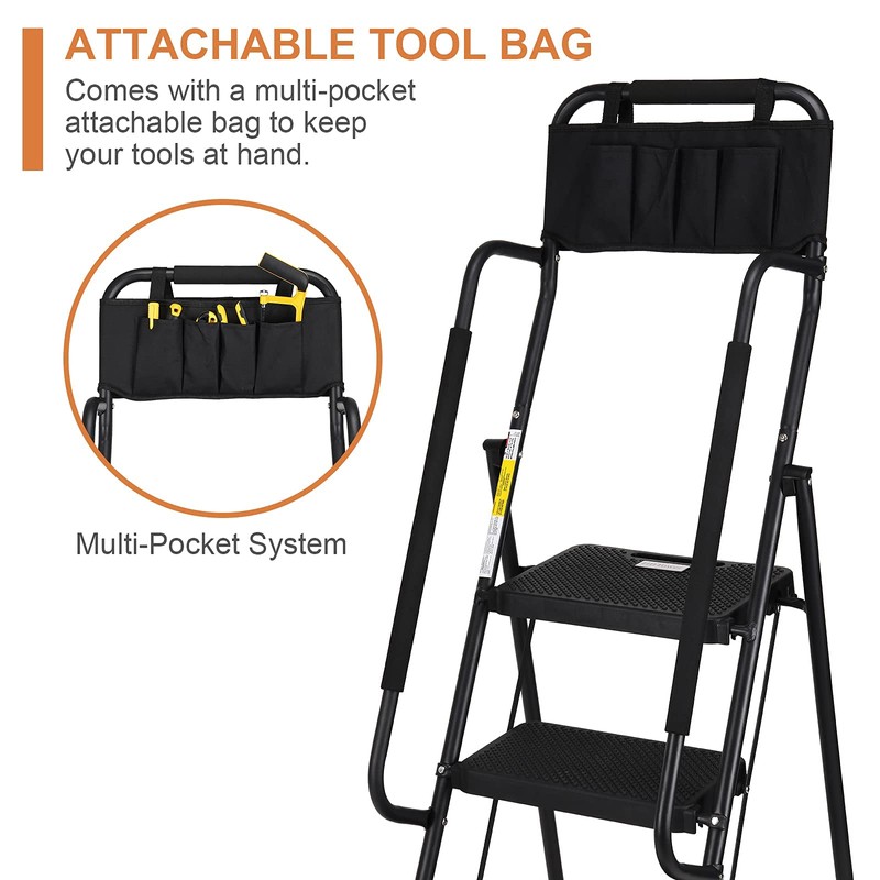 HBTower Step Ladder with Handrails, Folding Step Stool with Attachable