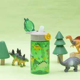 Zak Designs Sage Kids Water Bottle For School, Travel or At Home, 16oz Durable Plastic Water Bottle With Straw, Handle, and Leak-Proof, Pop-Up Spout Cover (Dino)