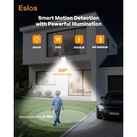 Eslas Upgrade 30W Motion Sensor Outdoor Security Light, 3000LM Floodlight with PIR, IP65 Waterproof, for Driveway, Front Door, Backyard, 6500K