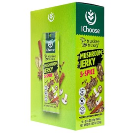 Ichoose Muskee Musky Mushroom Jerky, Vegan, High-Fiber Snack, | Beef Jerky Alternative, Perfect for Valentines & Snack Packs - 10 Pack Box, 0.88 oz (25g) | (25g, Box 10 Packs, 5-Spice)