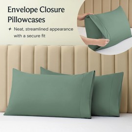 LuxClub Collection Pillowcases 2 Pack - Wrinkle Free Cooling Pillow Cases with Satin Trim - Machine Washable Hotel Bedding Silky Soft - Tree Moss Green Standard/Queen