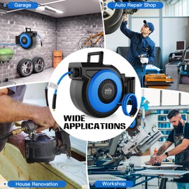 80FT + 6.5FT Retractable Air Hose Reel, Wall Mount Pneumatic Hose Reel for Garage Workshop, Automatic Rewind, 3/8" x 80' Hybrid Air Hose with Brass Fittings + Bend Restrictors, 300PSI