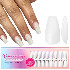 SXVME White Gel X Nail Tips Long Coffin Gel X Nails Pre-colored Gel X Tips Long Press on Nails Milky White Soft Gel Nail Tips Natural Acrylic Fake Nails Extensions for DIY Nail Art 300Pcs