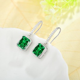 CARICY 925 Sterling Silver Baguette Dangle Earring Rectangular Birthstone May Emerald Earrings Fish Hook Earrings for Women Jewelry Gifts
