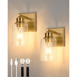 Rayogale Rechargeable Wall Sconce, Gold Battery Operated Wall Sconce Set of 2 with Timer Function, Easy Install Dimmable Wireless Wall Lamps for Living Room, Bedroom, Hallway, Entryway Decor 3000K