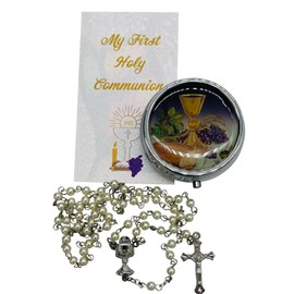 Westmon Works First Communion Rosary Glass Bead with Chalice Centerpiece and Crucifix Catholic Girls Deluxe Set with Metal Snap Case Keepsake