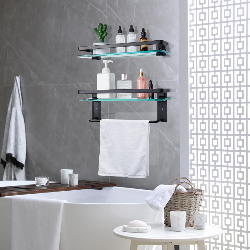 Suzile Set of 2 Glass Bathroom Shelves with Towel Bar,