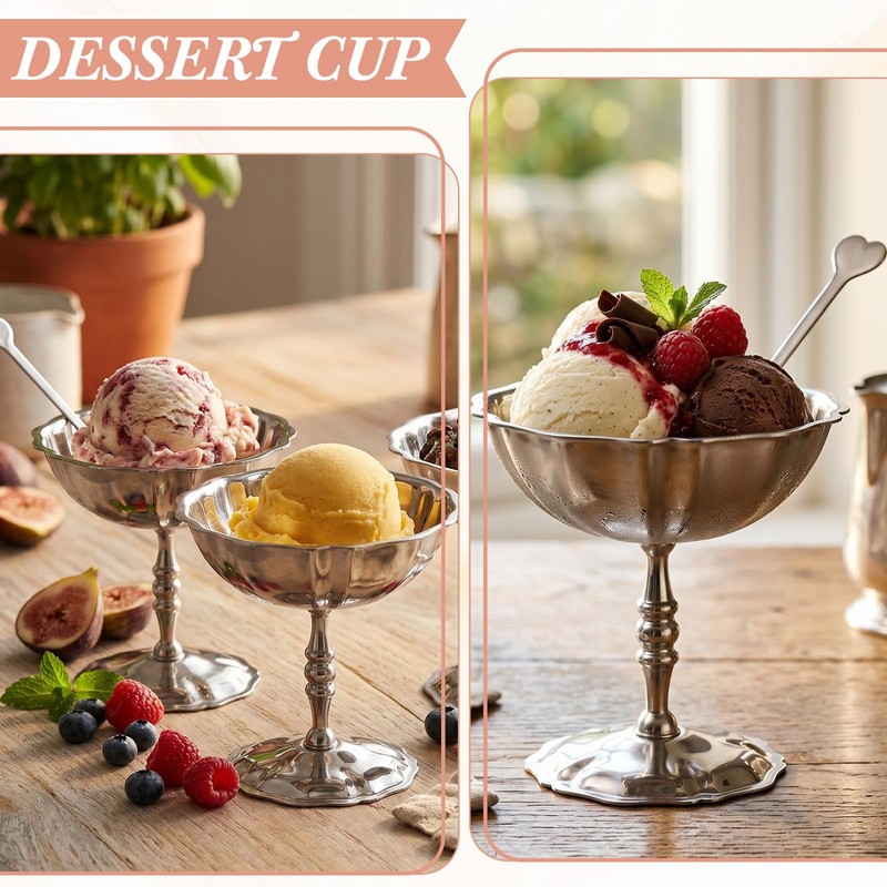 Reallnaive 4 Set Stainless Steel Ice Cream Cup with Forks