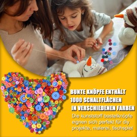 Pack of 1000 Colourful Buttons, Round Craft Buttons, Plastic Craft Buttons, Children's Buttons Set, Round Coloured Buttons, Various Sizes and Colours, for Children, DIY Crafts, Painting, Gift,