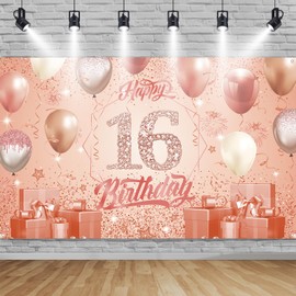 TUTUXMA 16th Birthday Party Decor, 16th Rosegold Birthday Backdrop Banner Photo Booth Sign Decor, Extra Large Sixteen Birthday Banner Background for Girls 16th Birthday Party Supplies, 185×110cm