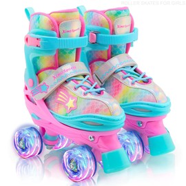 Xino Sports Adjustable Roller Skates for Kids - Pro Quality - Beginner Friendly with Illuminating LED Light-Up Wheels, Durable and Comfortable Design for Boys and Girls (Rainbow, Medium - 1-4)