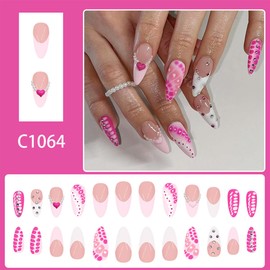 24Pcs French Tip Press on Nails Medium Almond Fake Nails with 3D Rhinestone Designs Pink White Leopard Print Full Cover Nail Tips Stiletto Artificial False Nails Y2k Acrylic Glue on Nails for Women