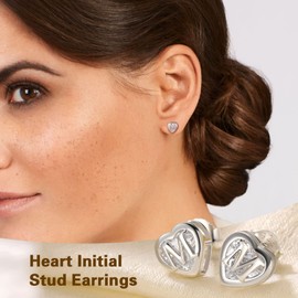 Heart Stud Earrings for Women 925 Sterling Silver Dainty Letter A-Z Studs Hypoallergenic Little Initial M Earrings for Teens