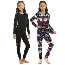 ViCherub Girls Thermal Underwear Set,Long Johns for Kids Ultra Soft Base Layer Fleece Lined Thermals Top and Bottom 2 Sets Black & Christmas L