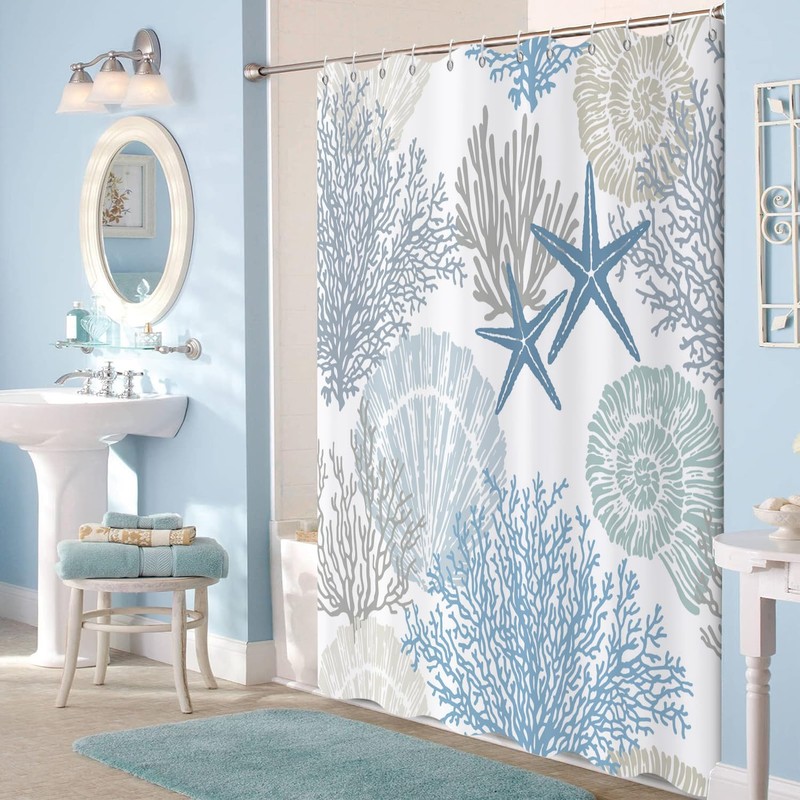 Caheansi Nautical Coastal Shower Curtain, Blue Ocean Beach Seashell Starfish