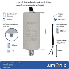 Lumonic Starting Capacitor with Cable 25 cm I 1µF 450 V I 26 x 55 mm I 1uF I Motor Capacitor with Plastic Housing I Operating Capacitor I for Pumps, Lawn