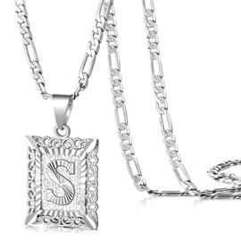 KissYan Initial Letter Pendant Necklace for Men Women, White Gold Plated Square Capital Monogram Necklace Alphabets from A-Z Figaro Chain Jewelry (White Gold S)