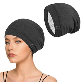 NiCola Adjustable Sleeping Cap, Satin Lined Sleep Bonnet, Satin Bonnet Sleep Cap, with Adjustable Strap, Beanie Night Sleeping Hat for Women and Men Hair Care (UK, Numeric, 1, Dark Grey)