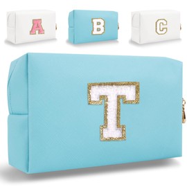 HENGNI - Pequeña bolsa de maquillaje con letra inicial personalizada, bonita bolsa impermeable de piel sintética de chenilla, bolsa de maquillaje de viaje, bolsa de maquillaje preparada, bolsa de aseo con cierre, organizador para mujeres y niñas, Azul, T