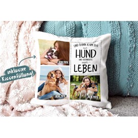PfotenSchild Dog Cushion with Filling - Photo Collage - Our Life with Dog - Design Yourself with Three Photos - Gift for Dog Owners - White, 40 x 40 cm