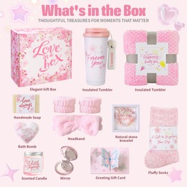 Birthday Gifts for Women, Gift Basket for Mom Wife Sister Her Friends, Luxury Self Care Spa Set with Blanket, Thank You Get Well Soon Holiday Gifts Box for Mother Valentine Day (Pink)